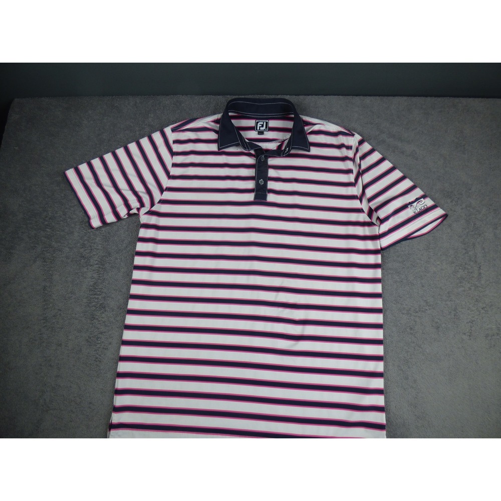 FootJoy Mens Athletic Fit Striped Golf Polo Shirt XL Navy Pink Del Lago Logo